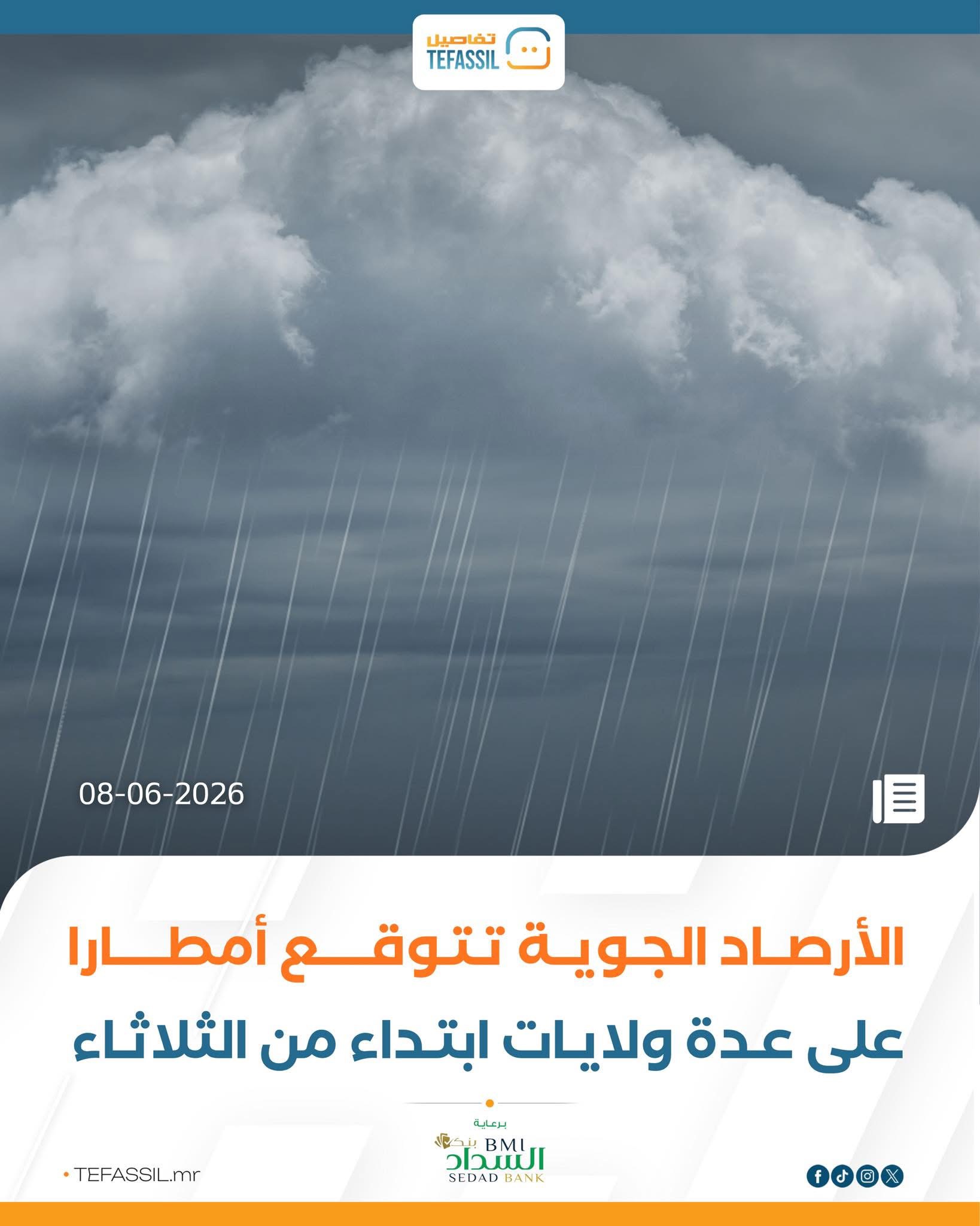 الأرصاد الجوية تتوقع أمطارا على عدة ولايات ابتداء من الثلاثاء