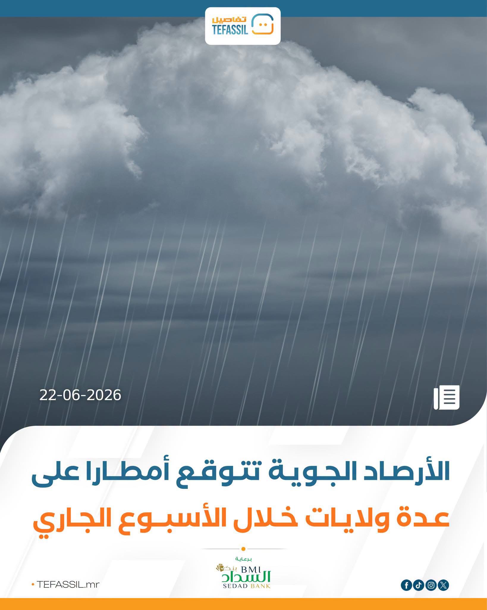 الأرصاد الجوية تتوقع أمطارا على عدة ولايات خلال الأسبوع الجاري